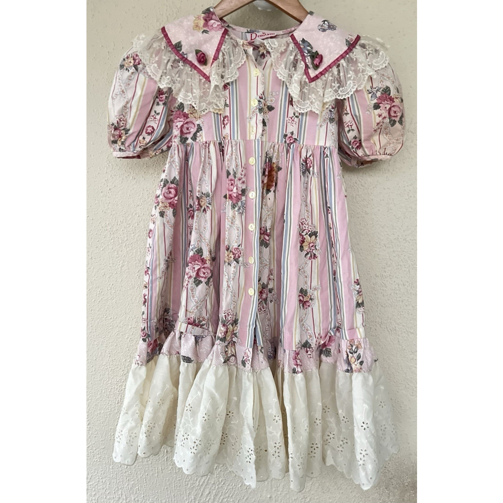 VTG Demitasse Pink Floral Lace Bib Collar Puff Sleeve Dress 6 Eyelet Cottage